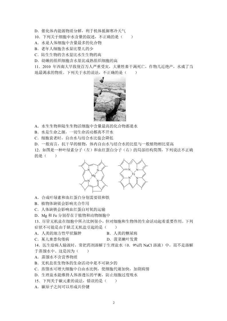 高中生物必修一《细胞中的糖类、脂质和无机物》测试题第2页