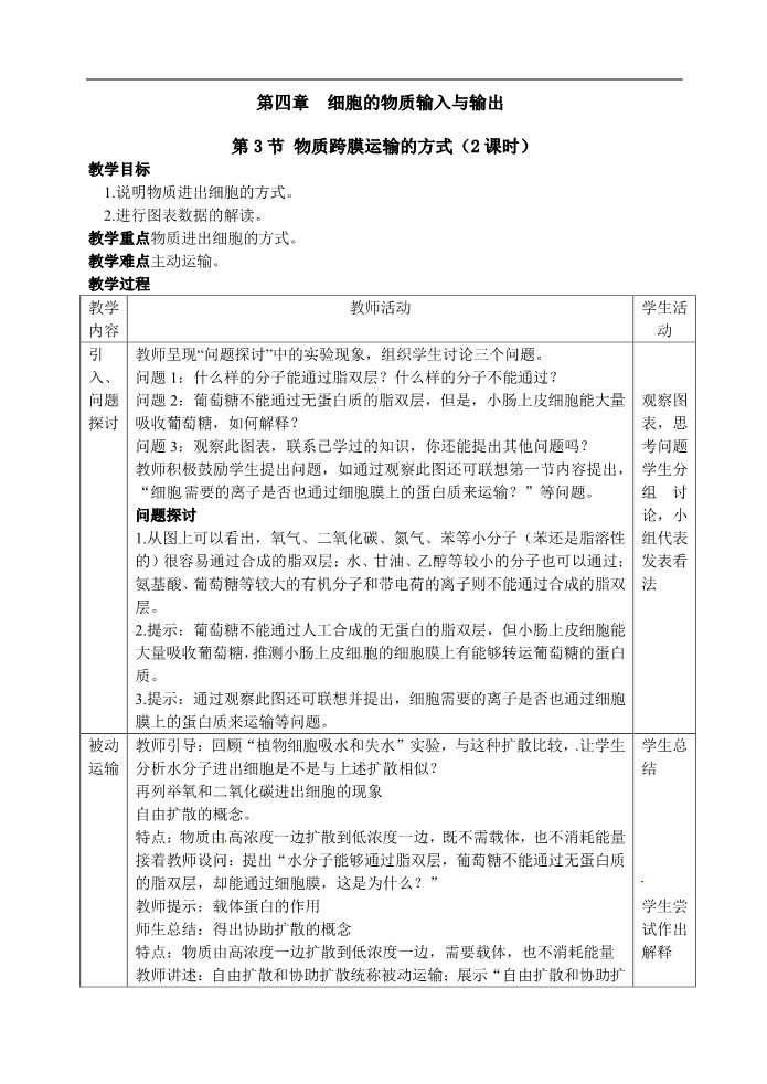 高中生物必修一人教高中生物必修1教案： 4.3 物质跨膜运输的方式 1第1页