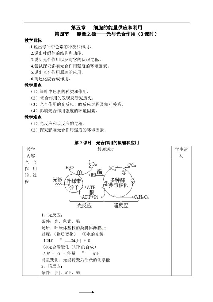 高中生物必修一人教高中生物必修1教案：5.4 能量之源—光与光合作用 2课时1第1页