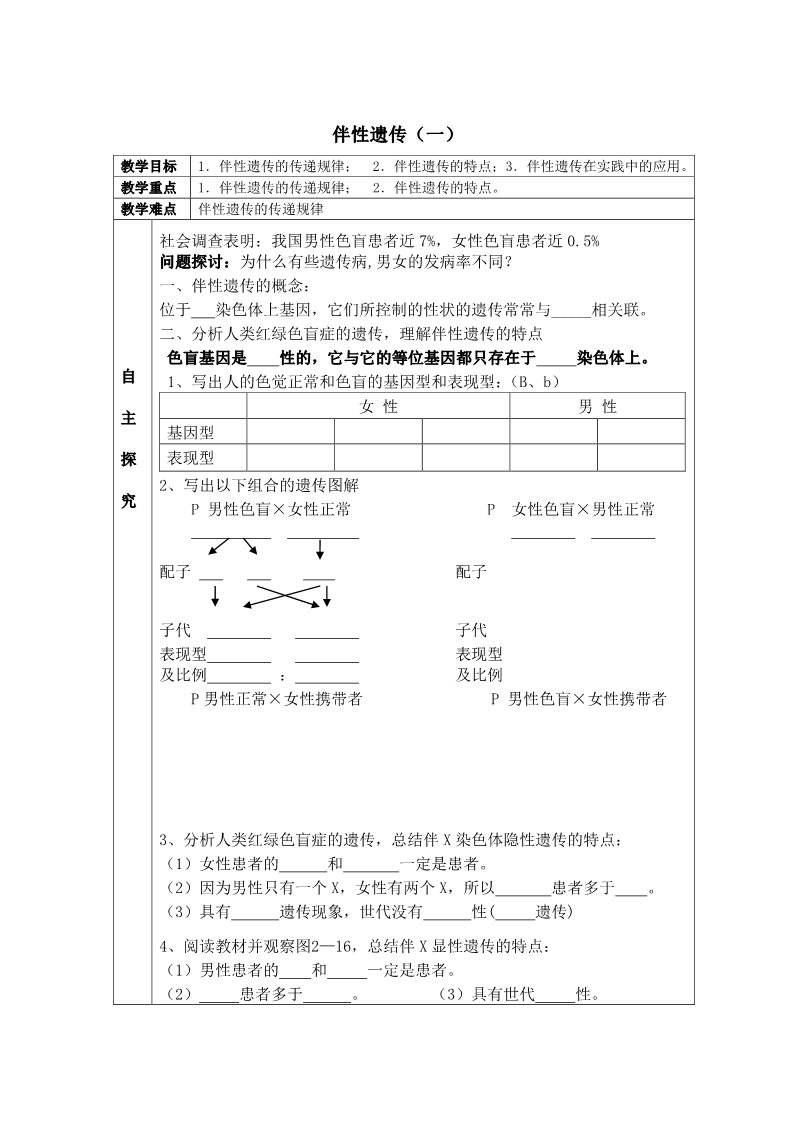 高中生物必修二伴性遗传学案1第1页