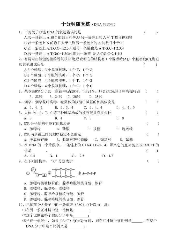 高中生物必修二练习 DNA的结构第1页