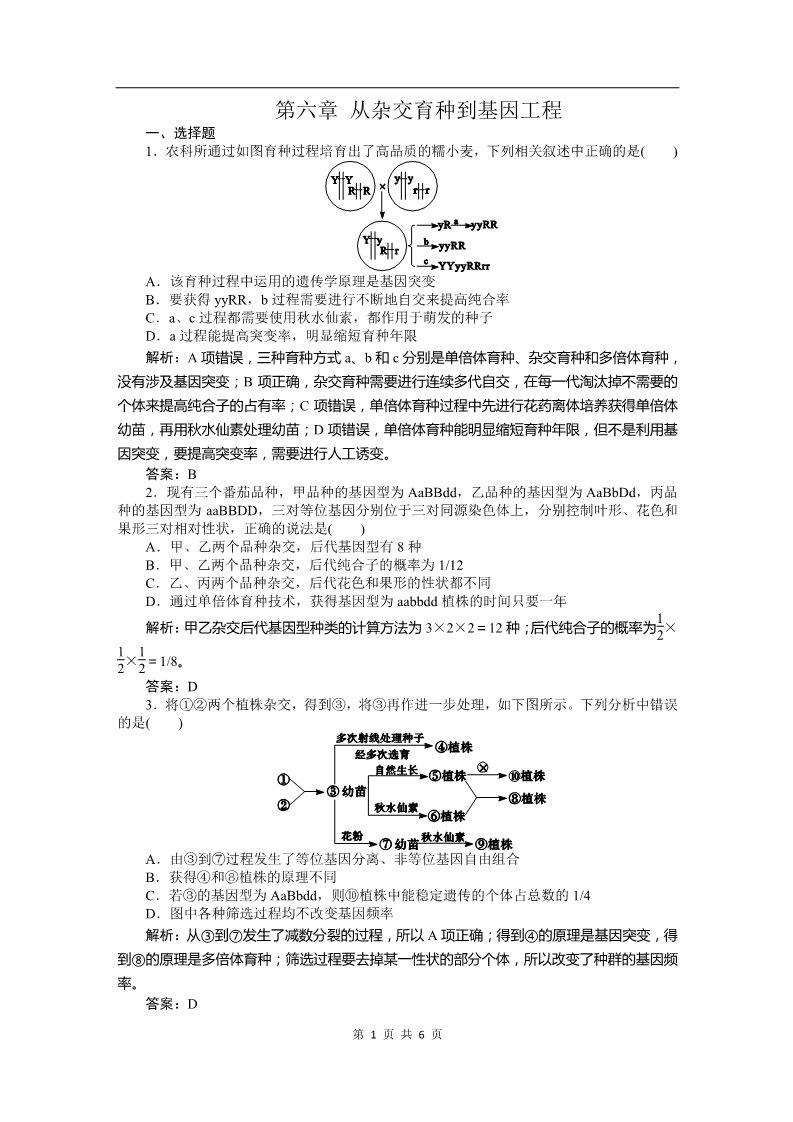 高中生物必修二必修二课时训练（第六章 从杂交育种到基因工程）第1页