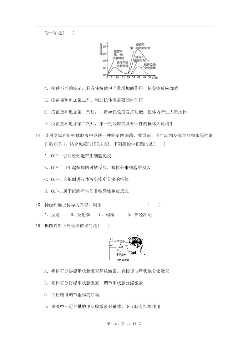 高中生物必修三2011新课标版第2章动物和人体生命活动的调节章综合训练（新人教版必修3）1第4页