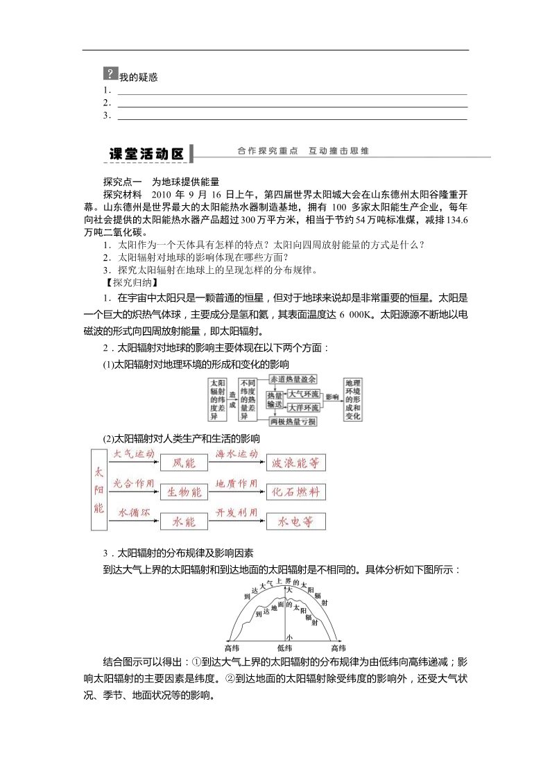 高中地理必修一地理新人教版必修一学案 1.2 太阳对地球的影响第2页