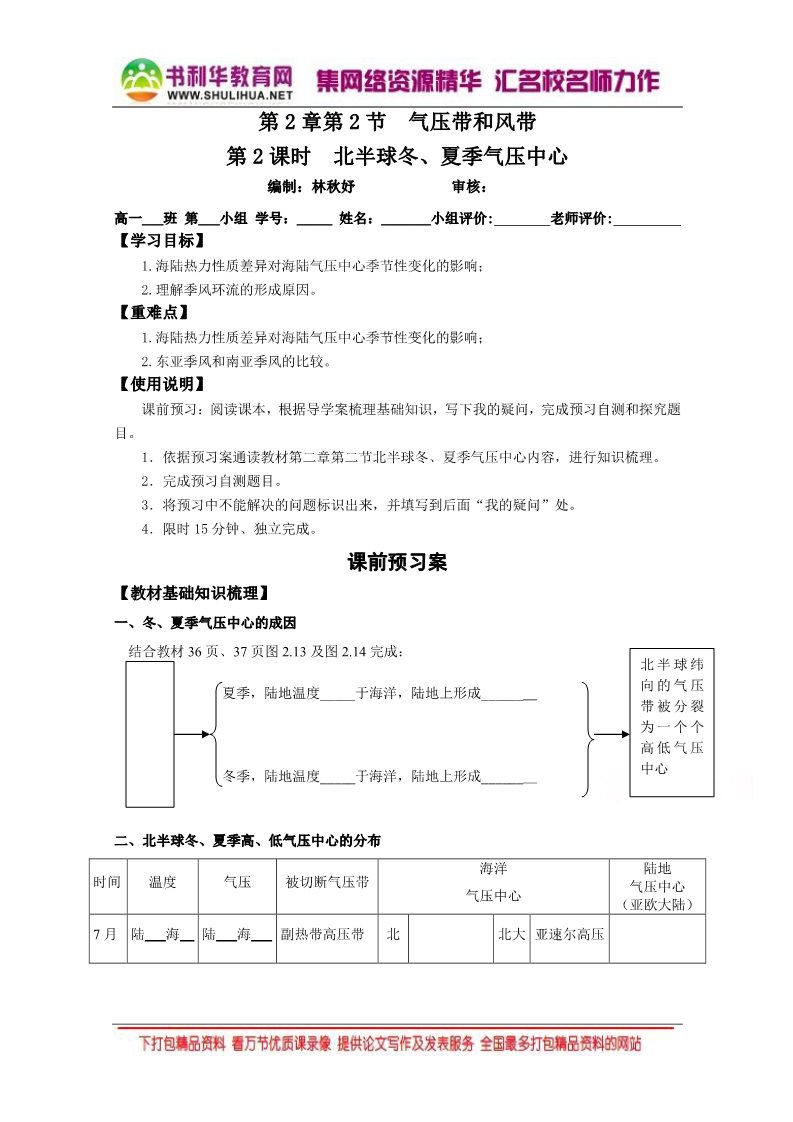 高中地理必修一2016-2017学年人教版高中地理必修一 2.2气压带和风带（第二课时） 第1页