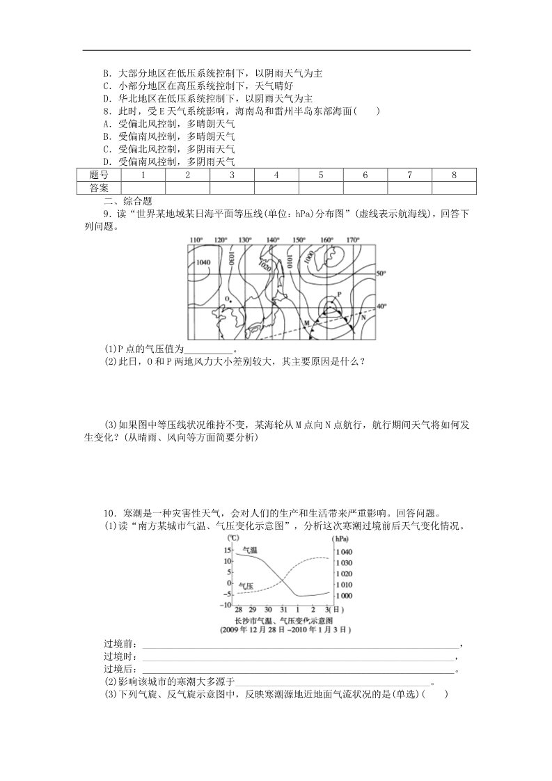 高中地理必修一高中地理 2.3 常见天气系统（第2课时）低压（气旋）、高压（反气旋）与天气学案 新人教版必修1第4页