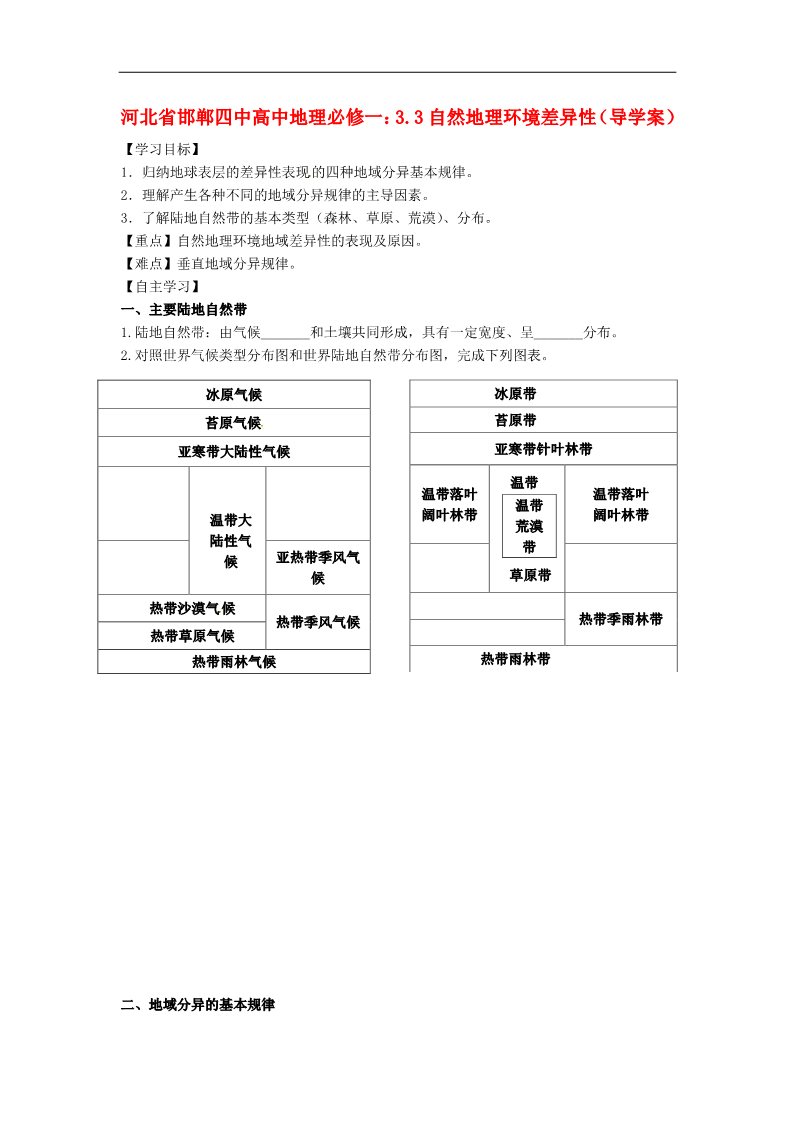 高中地理必修一高中地理 3.3自然地理环境差异性导学案 新人教版必修1第1页