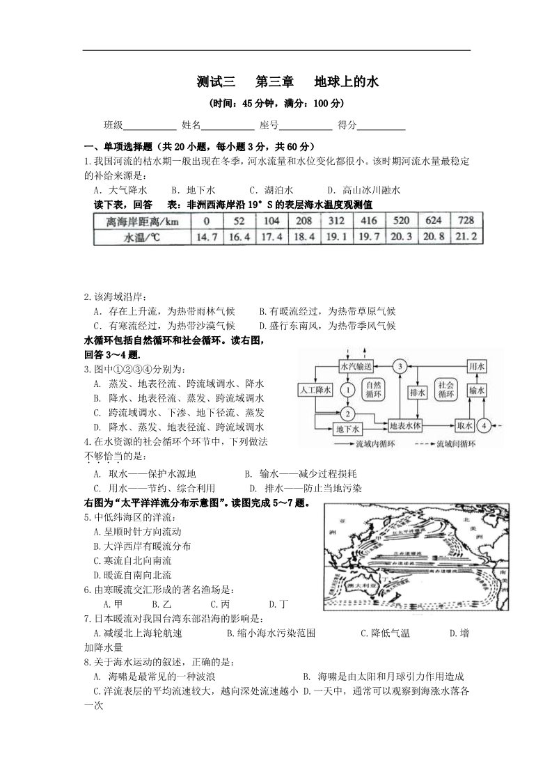 高中地理必修一第三章地球上的水地理单元测试题第1页