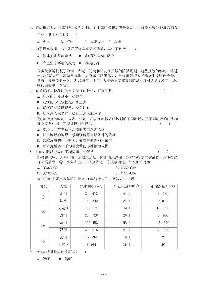 高中地理必修三2012届高考地理一轮复习试题：第38课时流域的综合开发——以美国田纳西河流域为例第2页