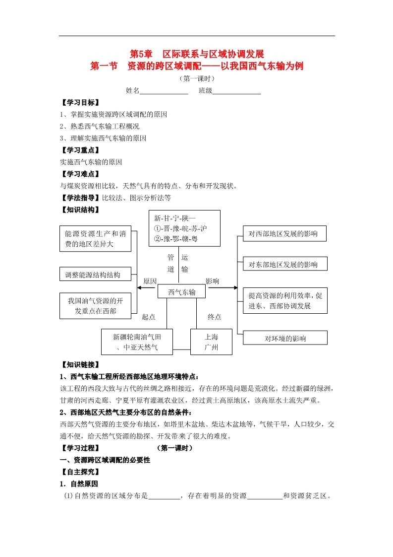 高中地理必修三高中地理 5.1.1资源的跨区域调配学案（无答案）新人教版必修3第1页