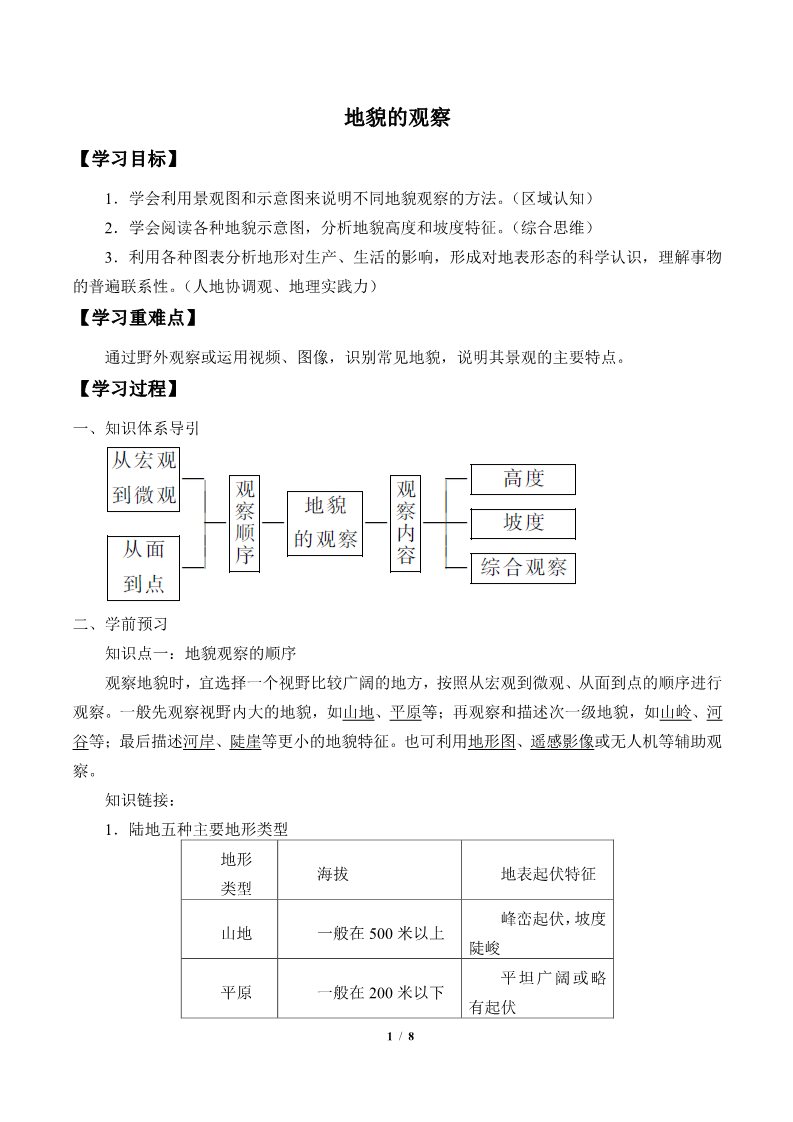 高中地理新版必修一册地貌的观察(学案)第1页