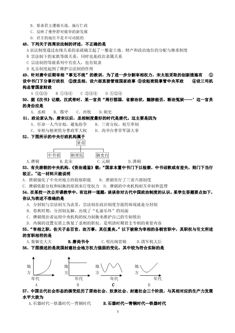 高中历史必修一历史：第1单元 古代中国的政治制度 选择题精练（人教版必修1）第5页