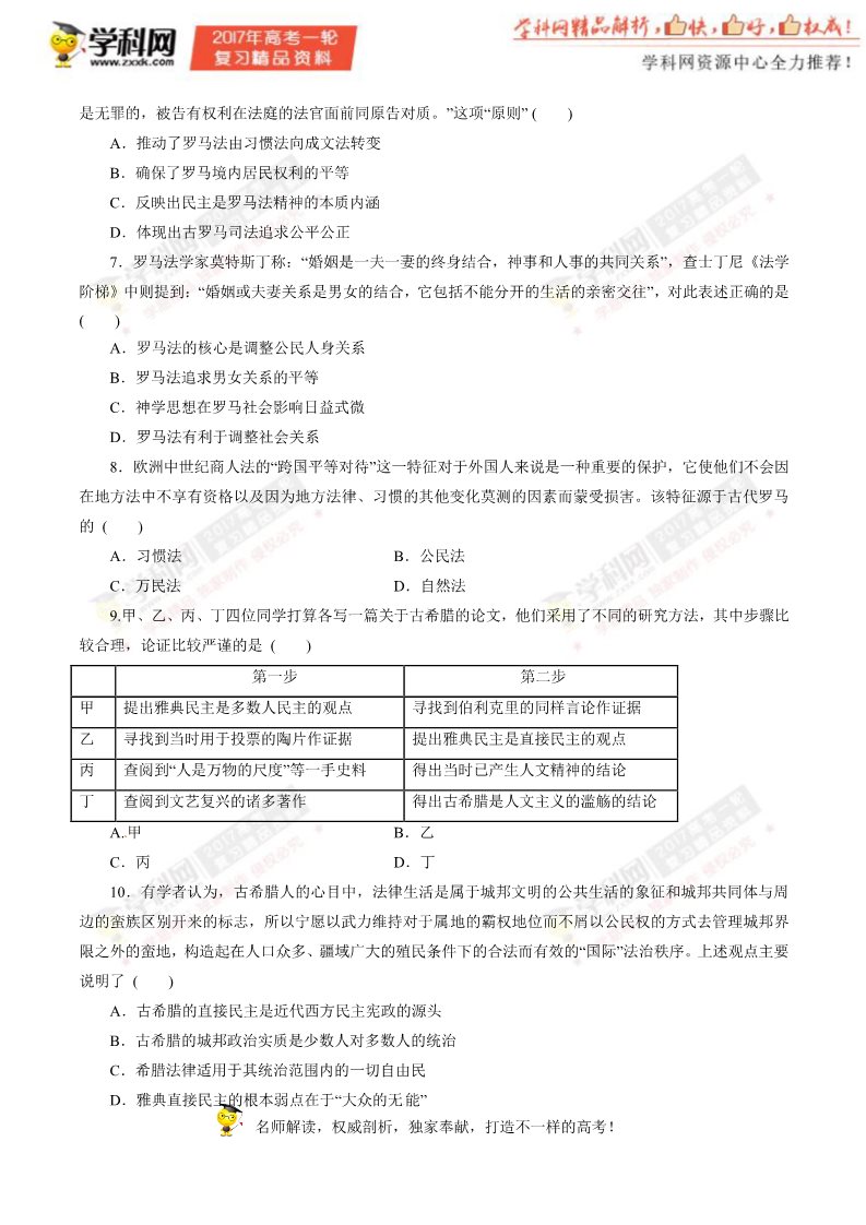 高中历史必修一第03讲 古代希腊、罗马的政治制度（押题专练）-2017年高考历史一轮复习精品资料（原卷版）第2页