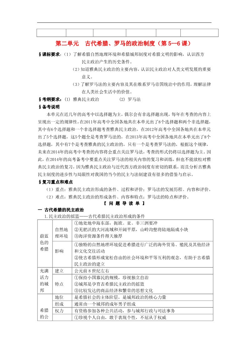 高中历史必修一高考历史一轮复习 （问题导读单+过关检测+真题回放+随堂演练）第二单元（第5-6课）《古希腊古罗马的政治制度》导学案 新人教版必修1第1页