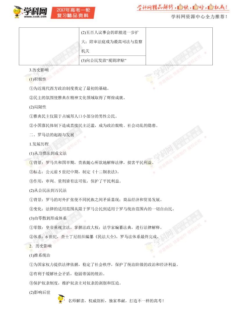 高中历史必修一第03讲 古代希腊、罗马的政治制度（教学案）-2017年高考历史一轮复习精品资料（解析版）第2页