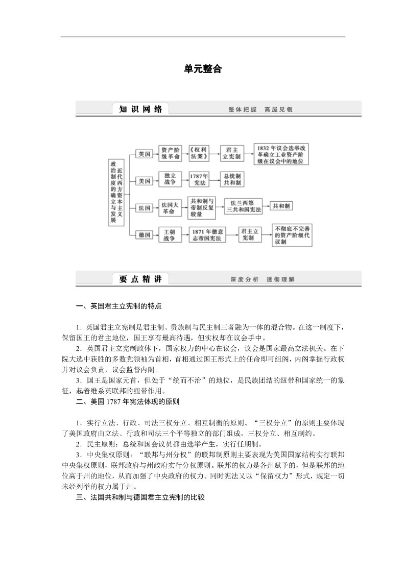 高中历史必修一高中历史学案：第三单元　近代西方资本主义政治制度的确立与发展 单元整合学案（人教版必修1）第1页