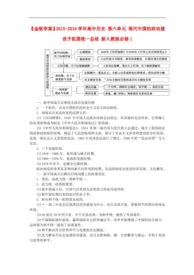 高中历史必修一2015-2016学年高中历史 第六单元 现代中国的政治建设予祖国统一总结 新人教版必修1第1页