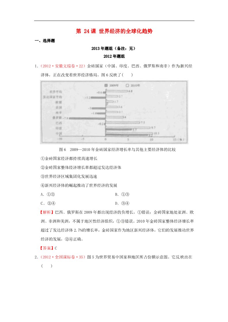 高中历史必修一高考历史 真题按课汇编 第24课 世界经济的全球化趋势 新人教版必修2第1页