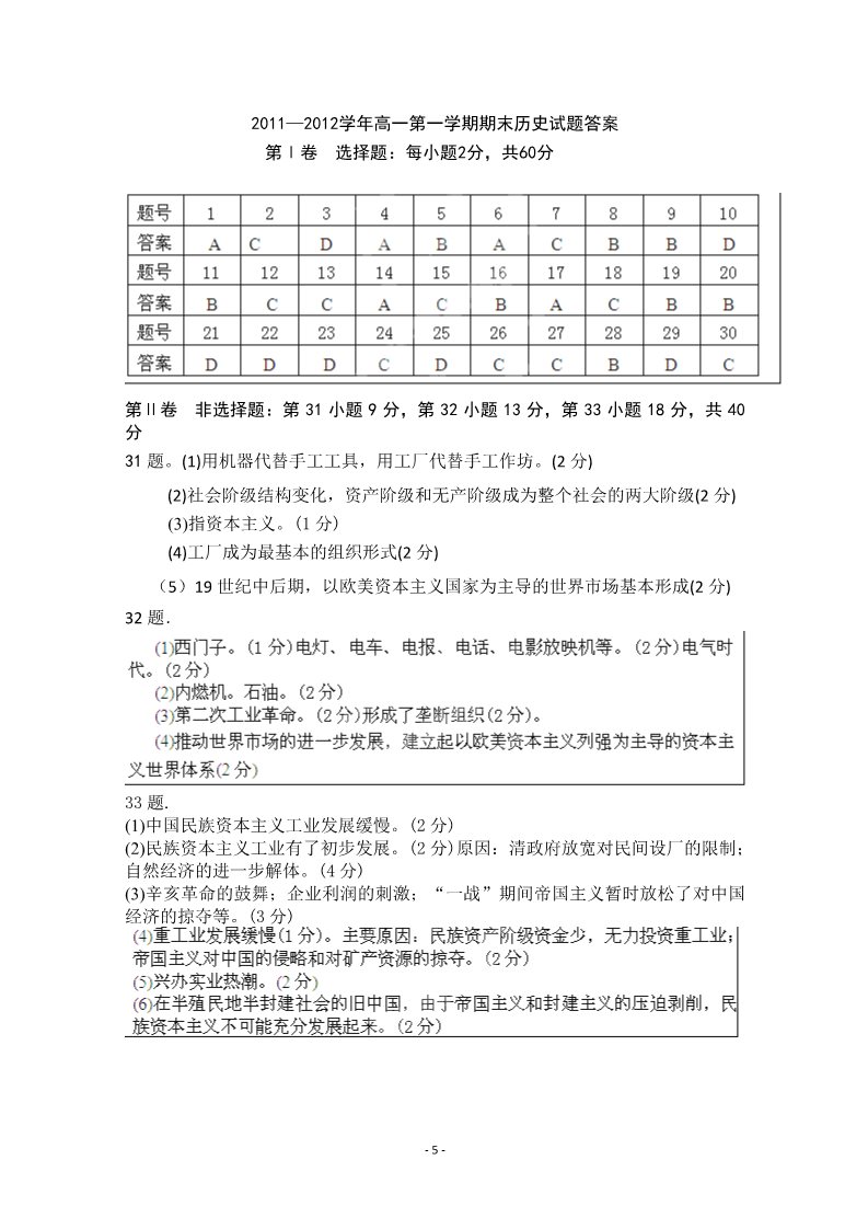 高中历史必修一新疆农七师高级中学2011-2012学年高一历史上学期期末考试试题第5页