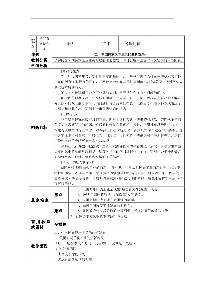 高中历史必修二高考历史复习教学案：必修二 专题二 二、中国民族资本主义的曲折发展第1页