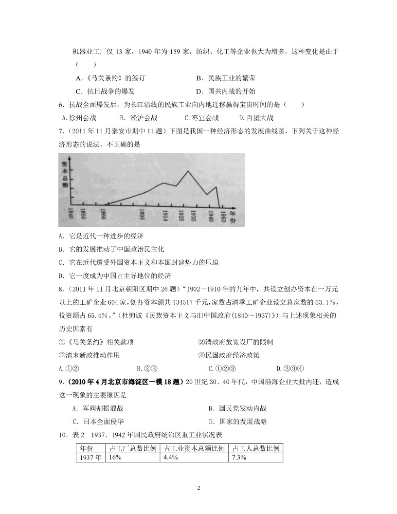 高中历史必修二2013届高三（新课标历史必修二）专题卷：专题2 近代中国经济结构的变动与资本主义的曲折发展第2页