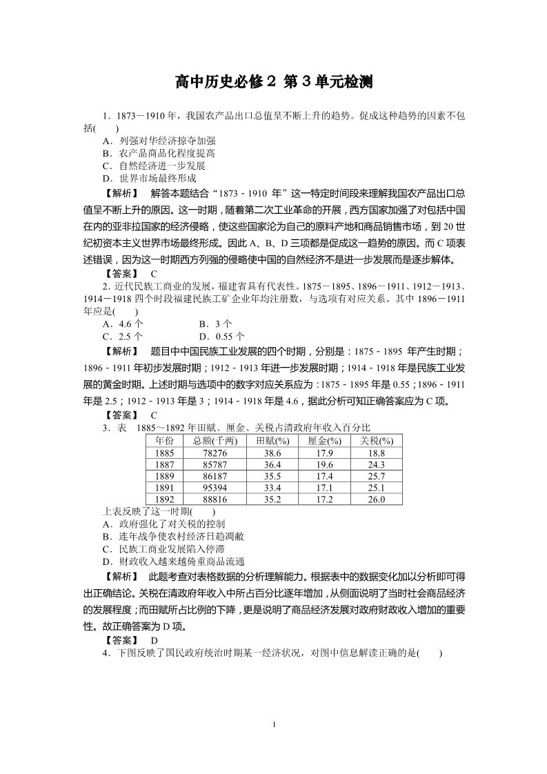 高中历史必修二高中历史必修2：第3单元单元检测第1页