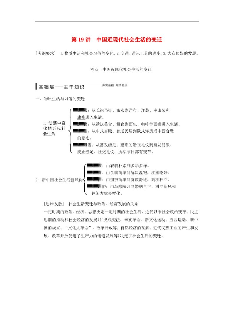 高中历史必修二高考历史大一轮复习讲义 第19讲 中国近现代社会生活的变迁（含广东高考调研题组，含必背要语）新人教版 第1页