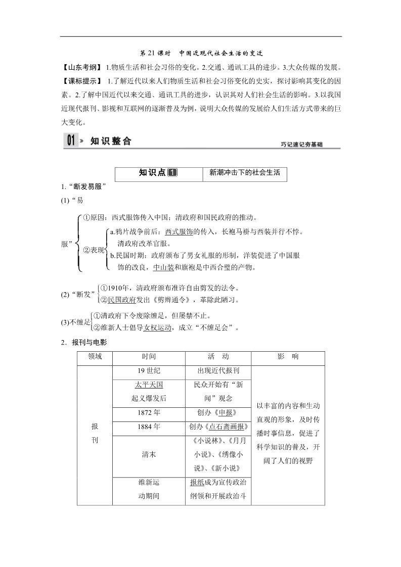 高中历史必修二一轮复习讲义（知识整合+聚焦重点+对接高考+限时规范训练） 人教版 必修二 第三单元 第21课时　中国近现代社会生活的变迁第1页