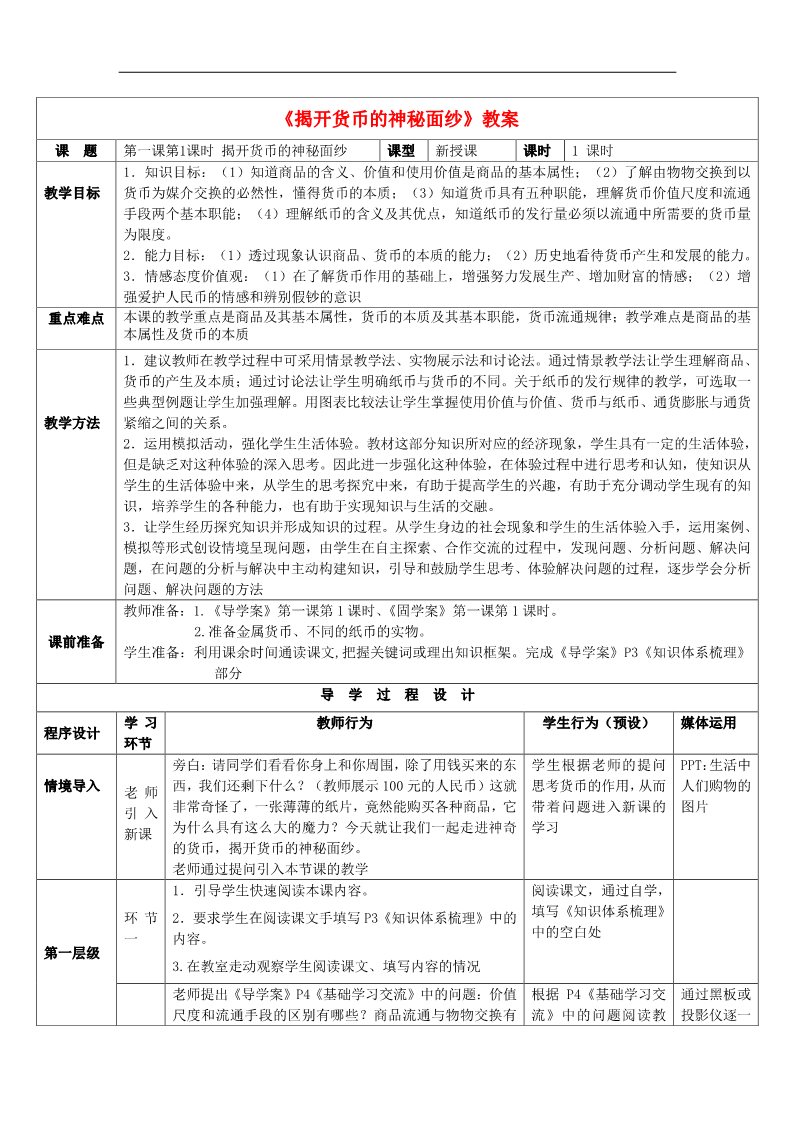 高中政治必修一1.1揭开货币的神秘面纱教案 新人教版必修1第1页