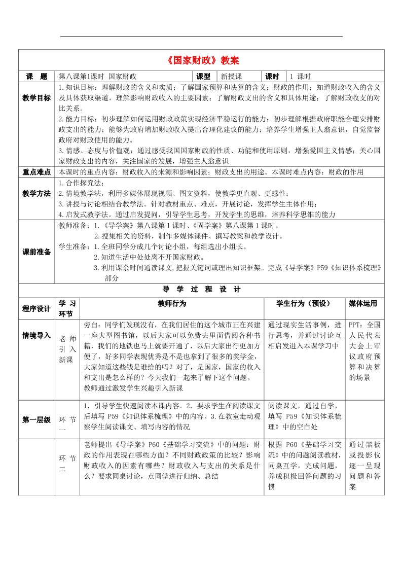 高中政治必修一8.1国家财政教案 新人教版必修1第1页