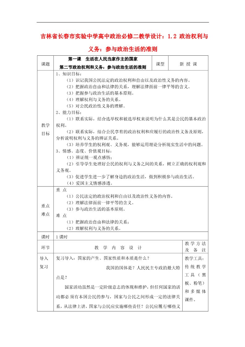 高中政治必修二1.2 政治权利与义务 参与政治生活的准则教学设计 新人教版必修2第1页