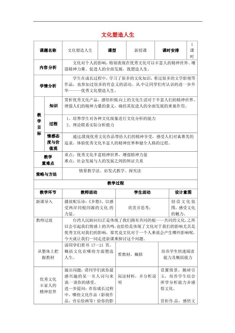 高中政治必修三第二课 文化对人的影响 文化塑造人生教案2 新人教版必修3第1页