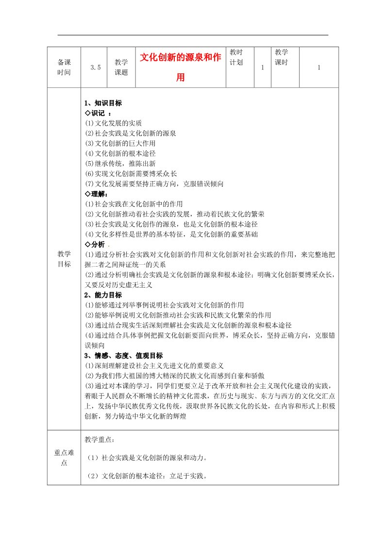 高中政治必修三第五课 文化创新 文化创新的源泉和作用教案4 新人教版必修3第1页