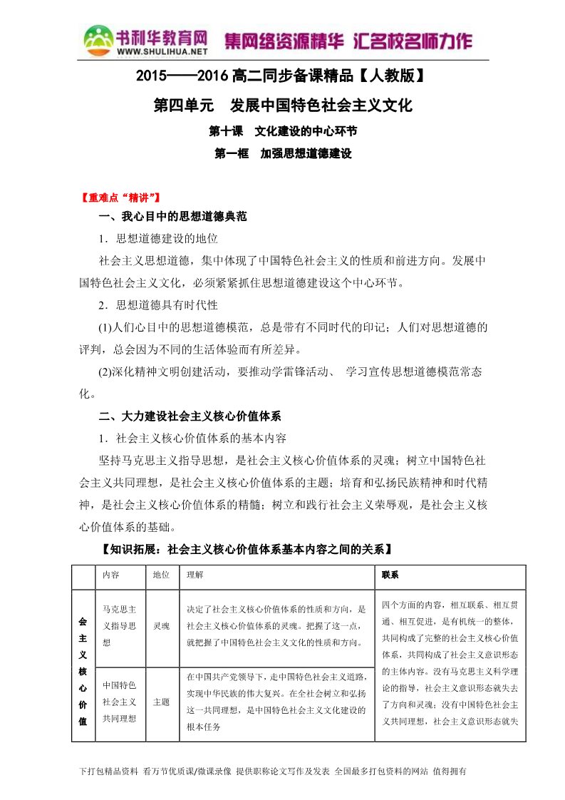 高中政治必修三10.1加强思想道德建设（讲）（新人教版必修3）（原卷版）Word版2015-2016学年高二政治同步精品课堂（提升版）专题第1页