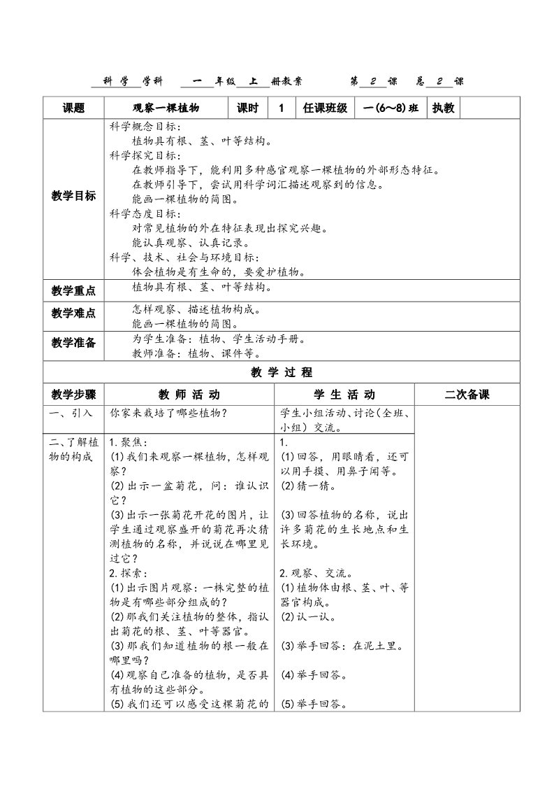 一年级上册科学（教科版）2《观察一棵植物》第1页