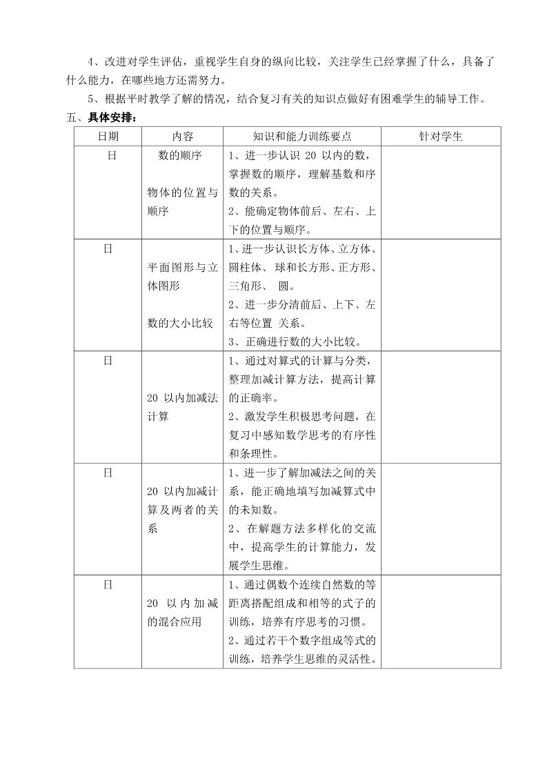 一年级上册数学(人教版）新人教版一年级数学上册复习计划第2页