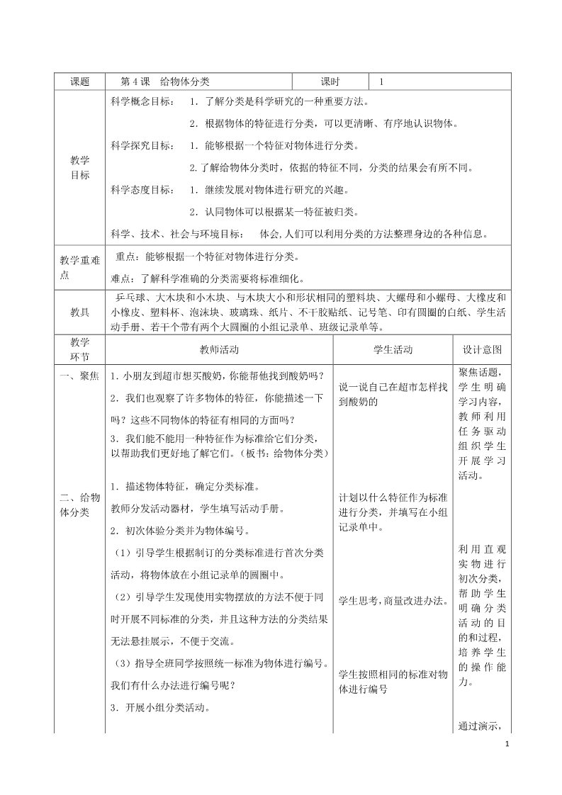 一年级下册科学（教科版）科学1.4给物体分类教学设计第1页