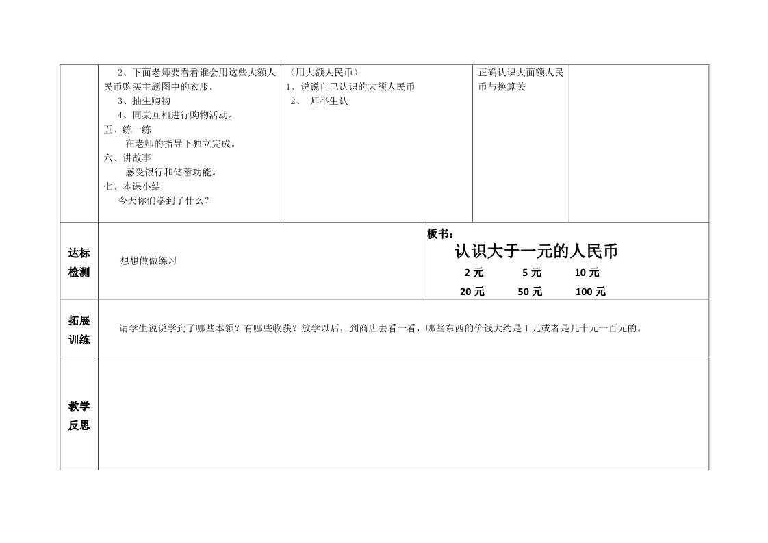 一年级下册数学（苏教版）数学认识大于1元的人民币教学设计教案第2页