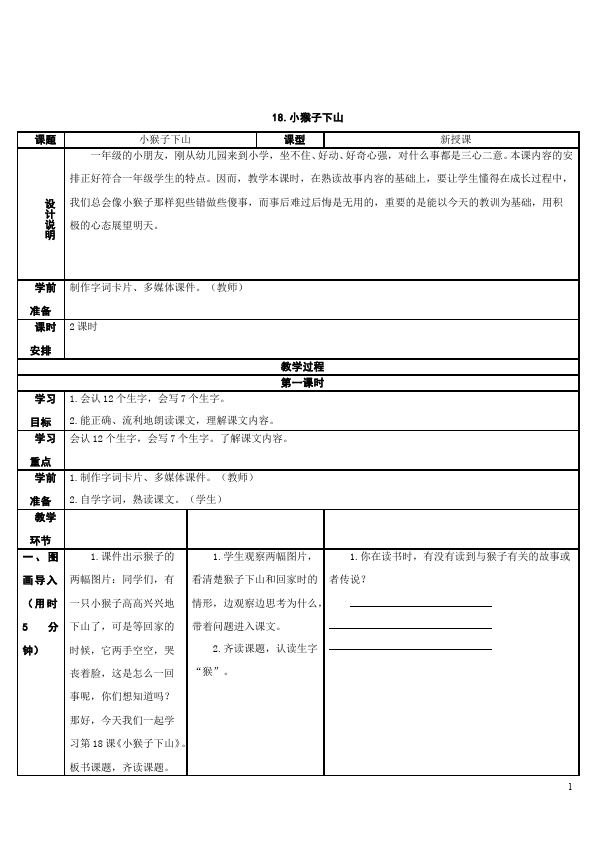 一年级下册语文语文《第18课:小猴子下山》教学设计教案第1页