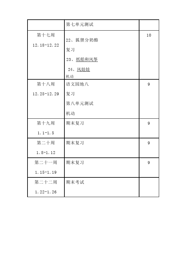 二年级上册语文语文《全册教学进度安排表》8第4页