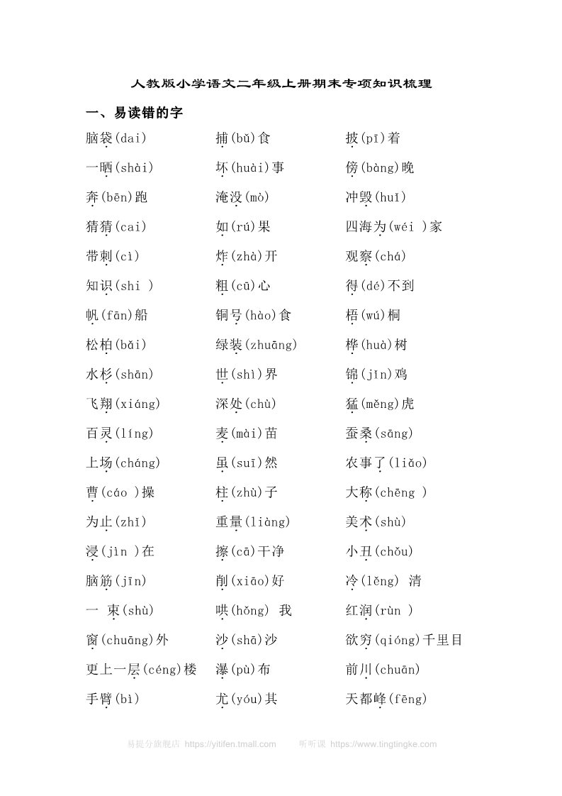 二年级上册语文人教版小学语文二年级上册期末专项知识梳理第1页