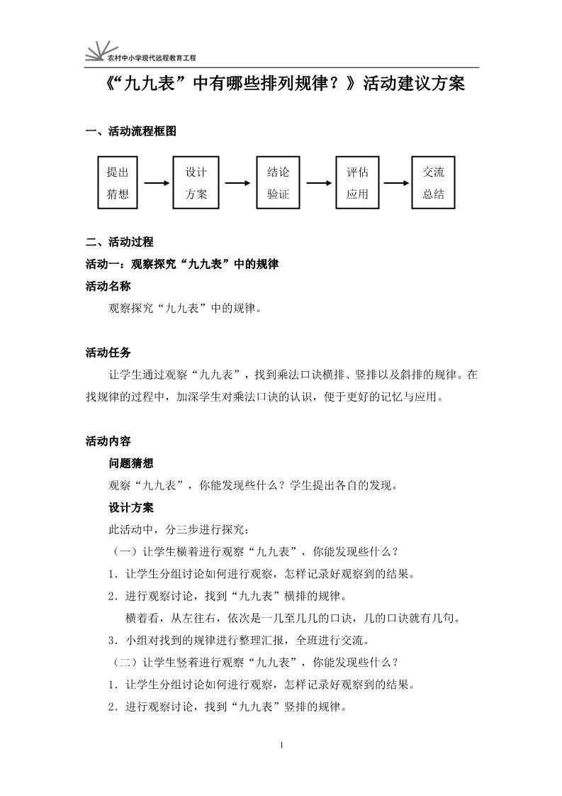 二年级上册数学（人教版）《“九九表”中有哪些排列规律？》活动建议方案第1页