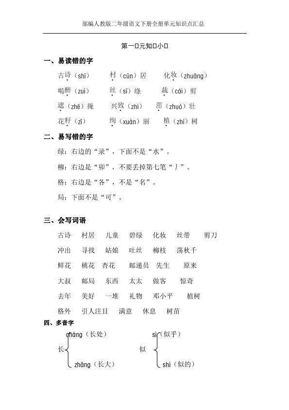 二年级下册语文语文全册单元知识点汇总第1页