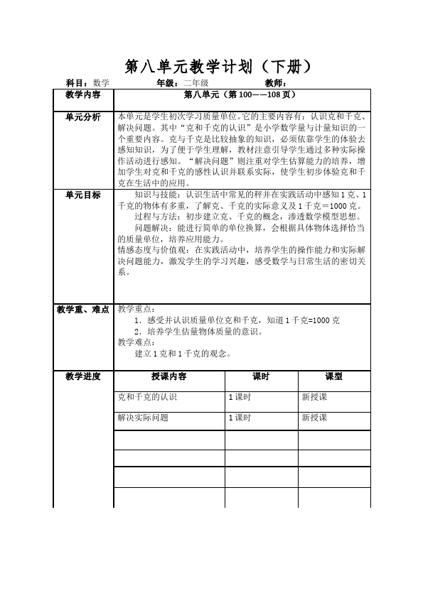 二年级下册数学（人教版）数学《第八单元:克与千克》教案教学设计下载3第1页