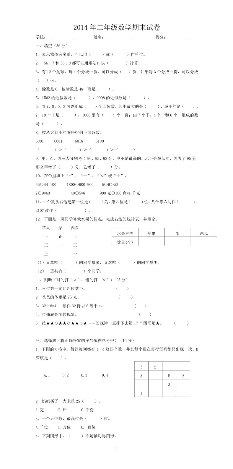 二年级下册数学（人教版）期末试题 (1)第1页