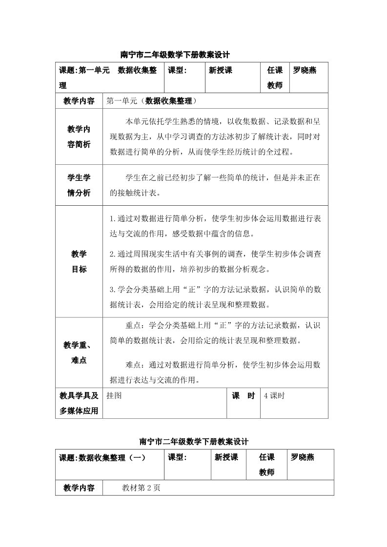 二年级下册数学（苏教版）数学第八单元:数据的收集和整理(一)教案教学设计第1页