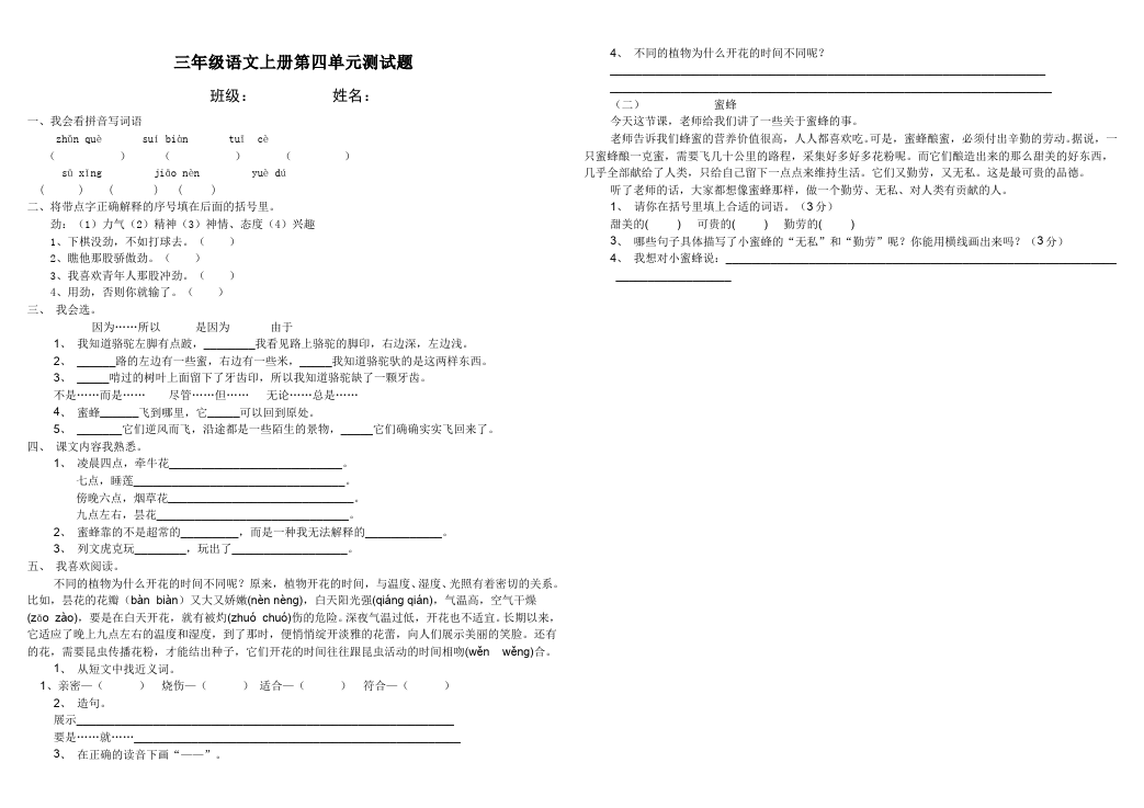 三年级上册语文第四单元语文试卷第1页