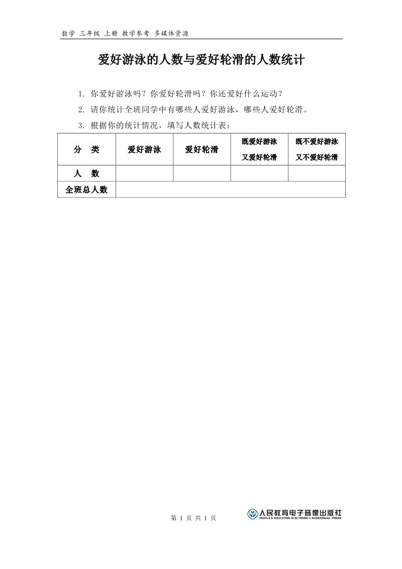 三年级上册数学（人教版）爱好游泳的人数与爱好轮滑的人数统计第1页