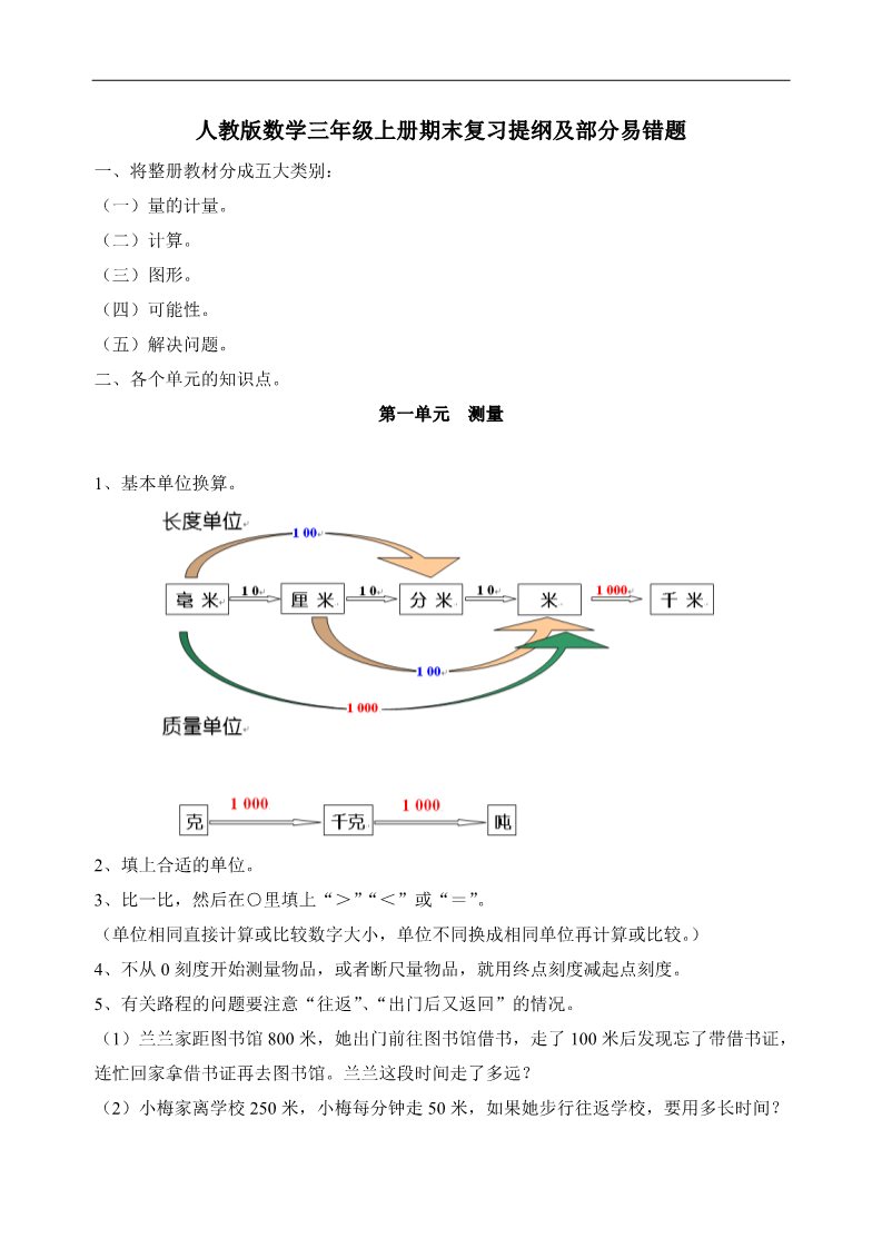 三年级上册数学（人教版）期末复习提纲及部分易错题第1页