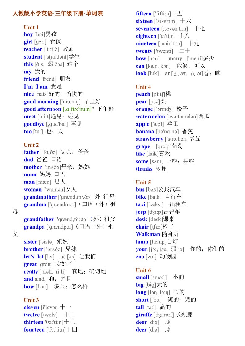 三年级上册英语(PEP版)PEP小学英语3-6年级单词及音标第2页